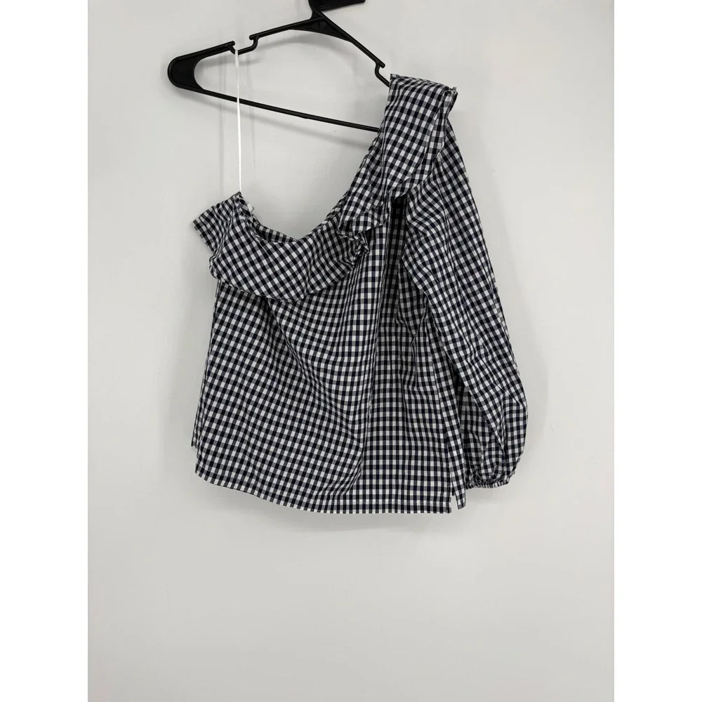 J. Crew Top Womens‎ 14T Blue Gingham One Shoulder Ruffle Asymmetric Cotton